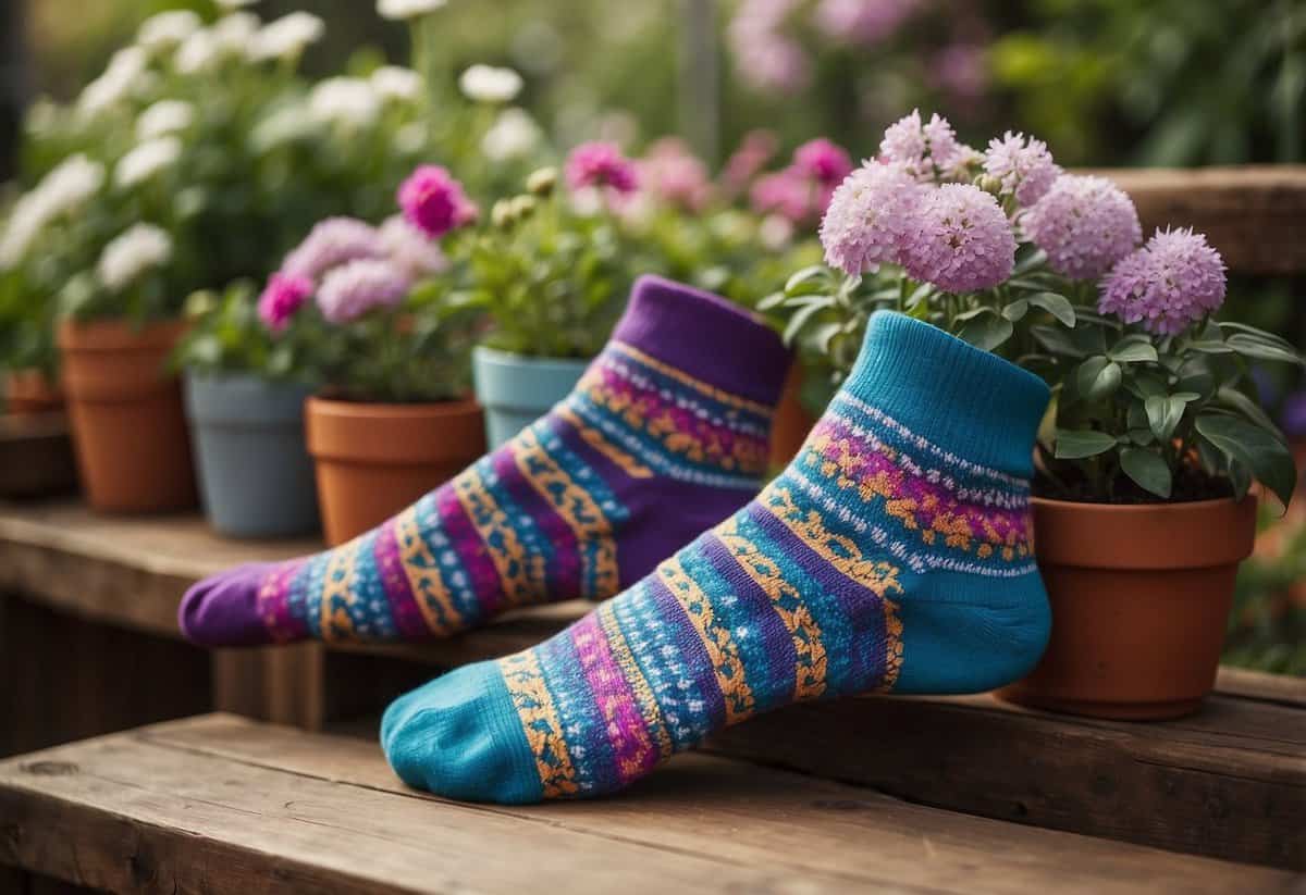 Vibrant patterned gardening socks displayed on a rustic wooden bench amidst blooming flowers and potted plants