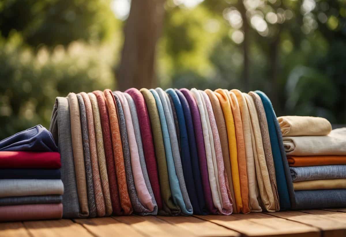 A colorful array of fabrics, from soft cotton to luxurious silk, are neatly organized on a wooden table in a sun-drenched garden