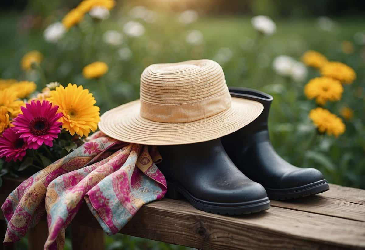 A sunhat, floral scarf, and gardening gloves lay on a rustic wooden bench next to a pair of rubber boots, ready to be worn for a day of tending to the garden