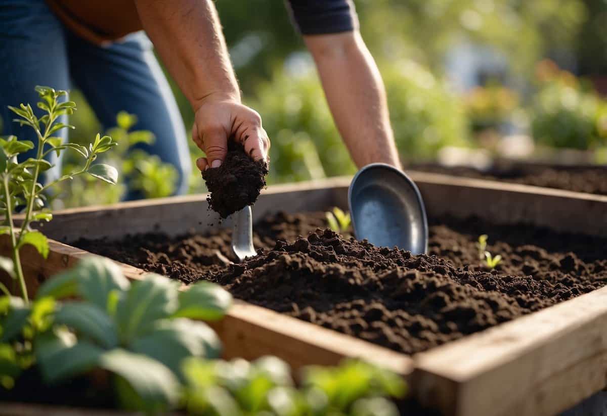 A gardener pours worm castings into a raised garden bed, using a shovel to evenly distribute the nutrient-rich soil amendment