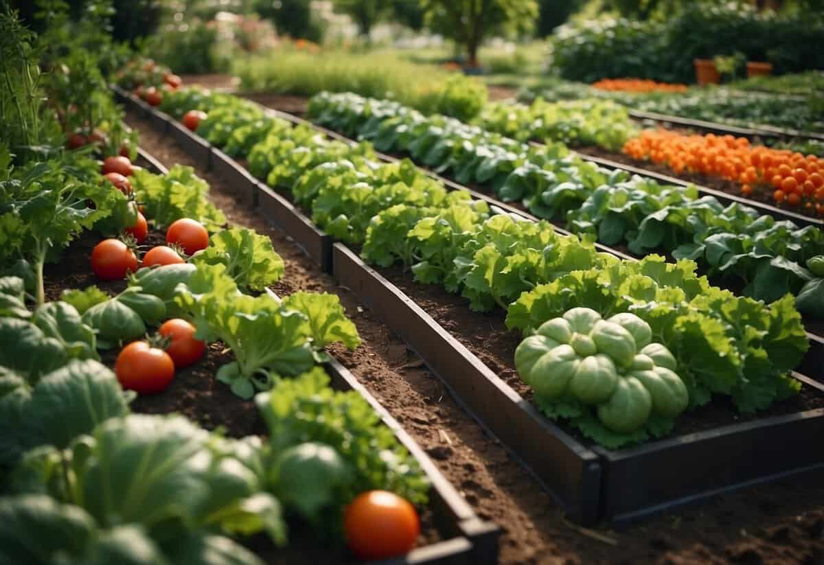 Lush garden beds with various crops, including tomatoes, carrots, and lettuce, arranged in a rotating pattern