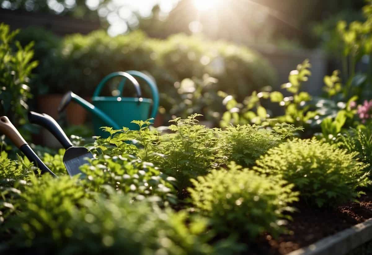 Lush garden with neatly pulled weeds, sun shining on the vibrant plants, a gardener's tools resting nearby