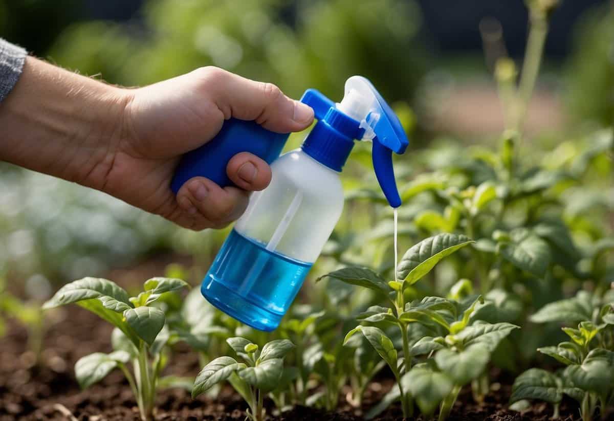 A hand holding a spray bottle, applying pre-emergent herbicide to a garden bed. Weeds are visibly absent, and the plants are thriving