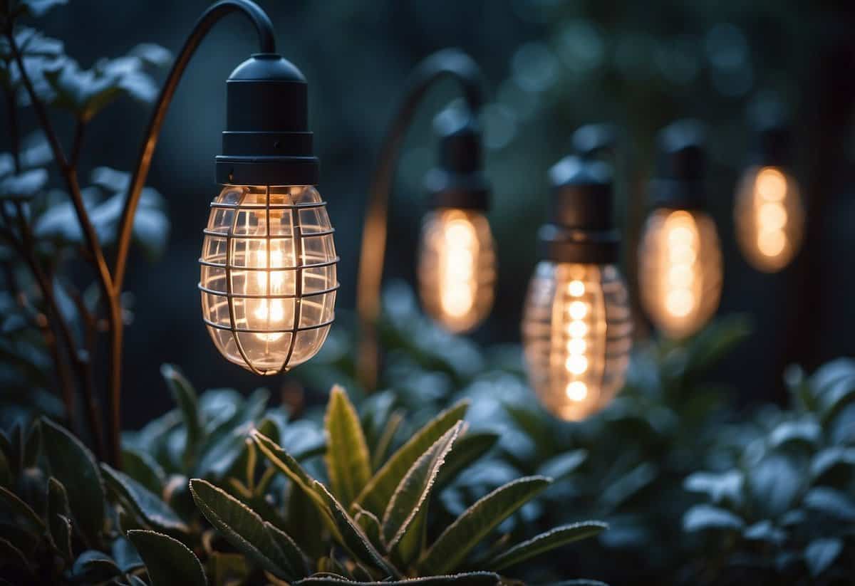 Heat lamps shine on delicate plants, shielding them from frost in a garden