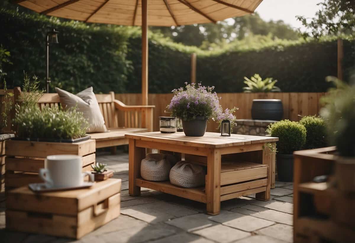 Wooden garden furniture being stored indoors with protective covers, oiling supplies, and a maintenance checklist displayed nearby