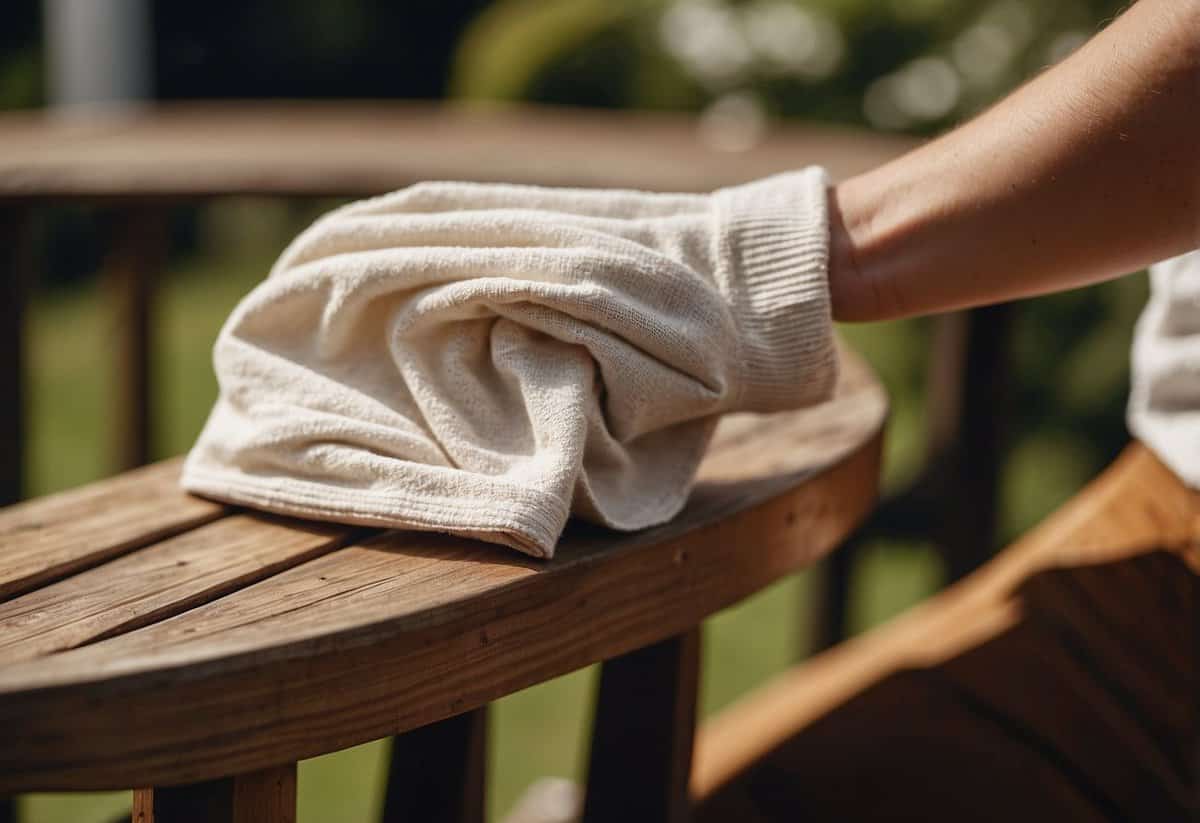 A person gently wipes down wooden garden furniture with a soft cloth, avoiding harsh chemicals. They apply a natural wood polish to maintain its luster