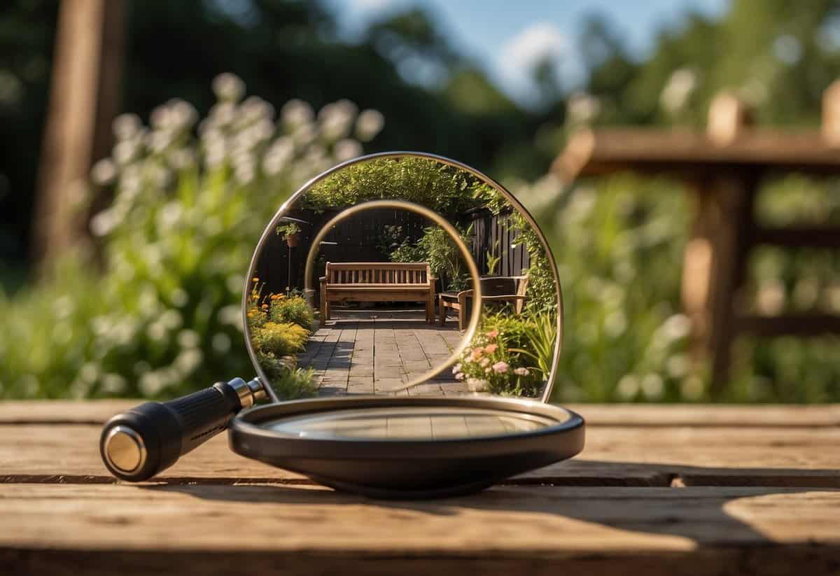 Wooden garden furniture being inspected for pests, with a magnifying glass and flashlight nearby. A checklist of maintenance tips is visible in the background