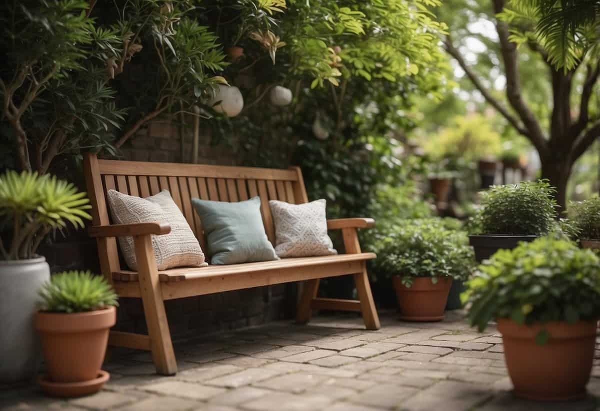 A wooden garden bench sits under a leafy tree, surrounded by potted plants. A can of wood sealant and a brush are nearby, along with a stack of cushions