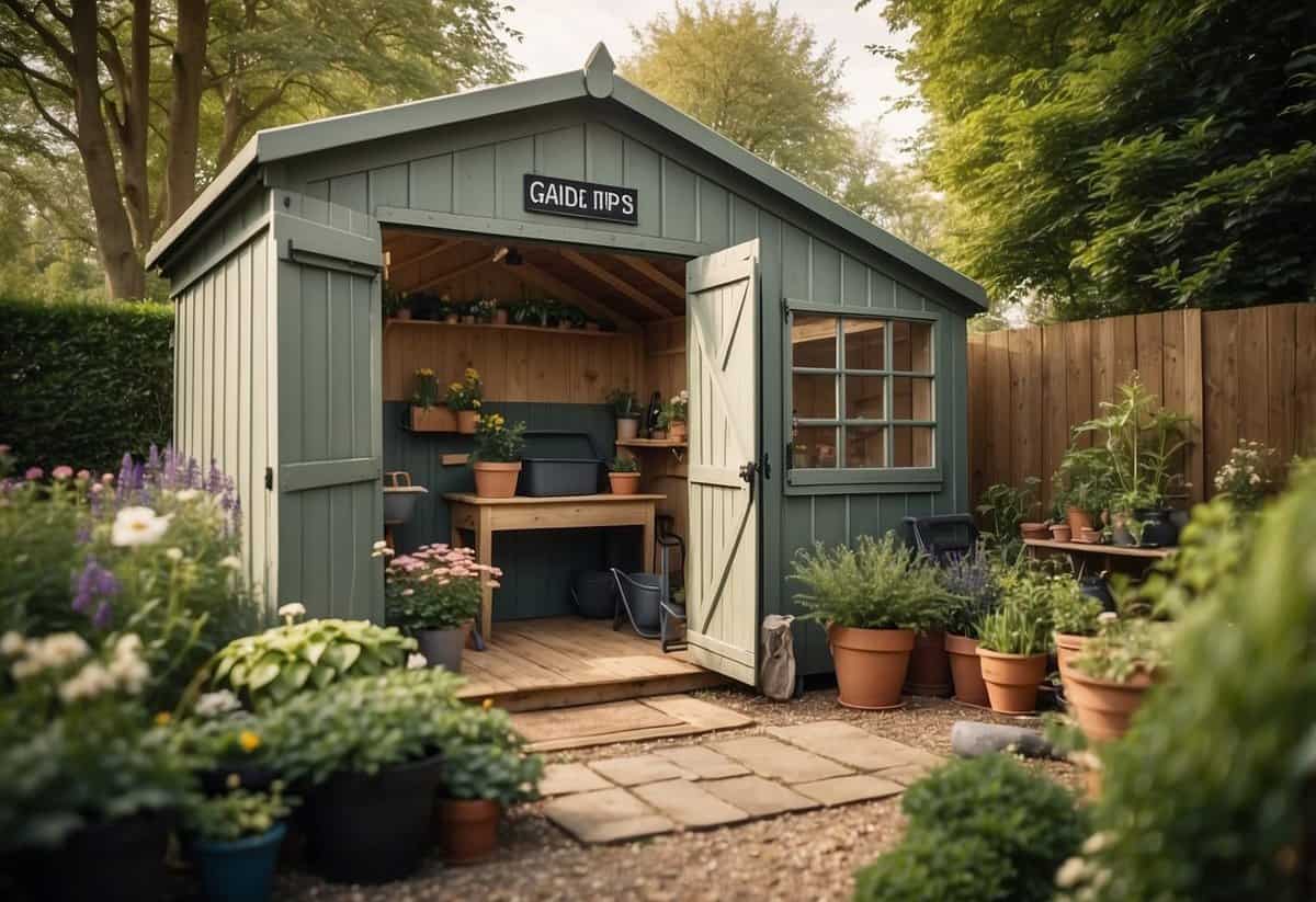 A garden shed with labeled gardening tips on the walls