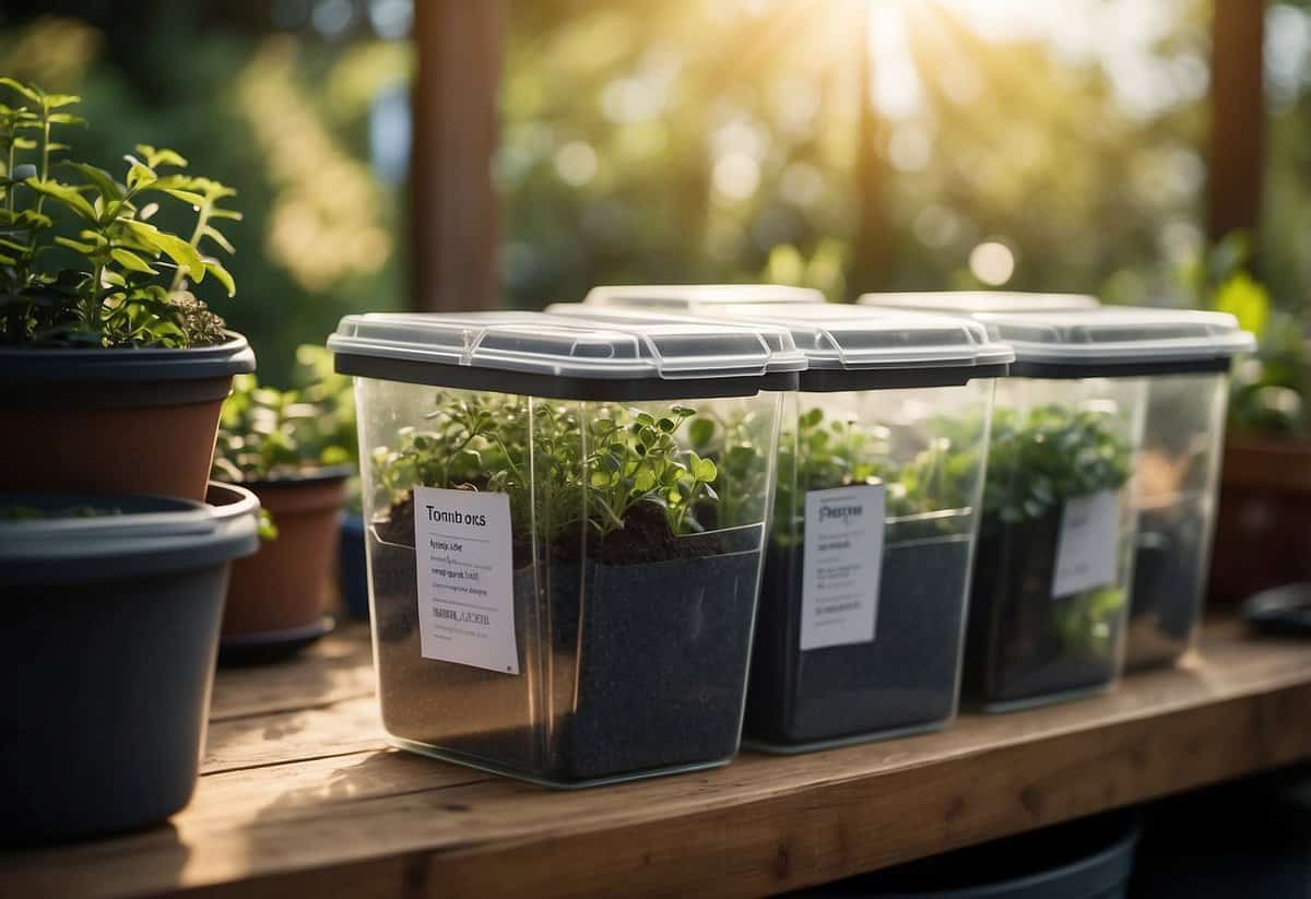 Transparent bins neatly store small gardening items in a garden shed. Labels help identify contents