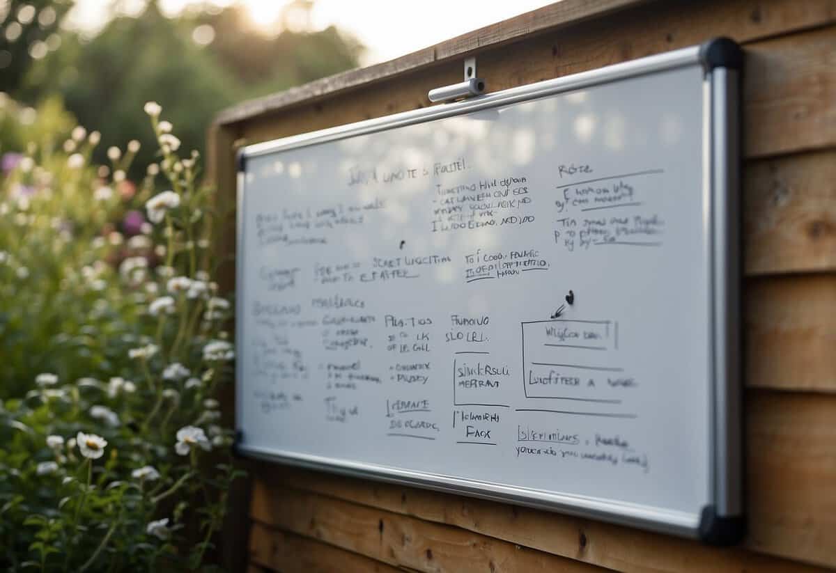 A whiteboard is being hung on the wall of a garden shed, ready for notes on gardening tips