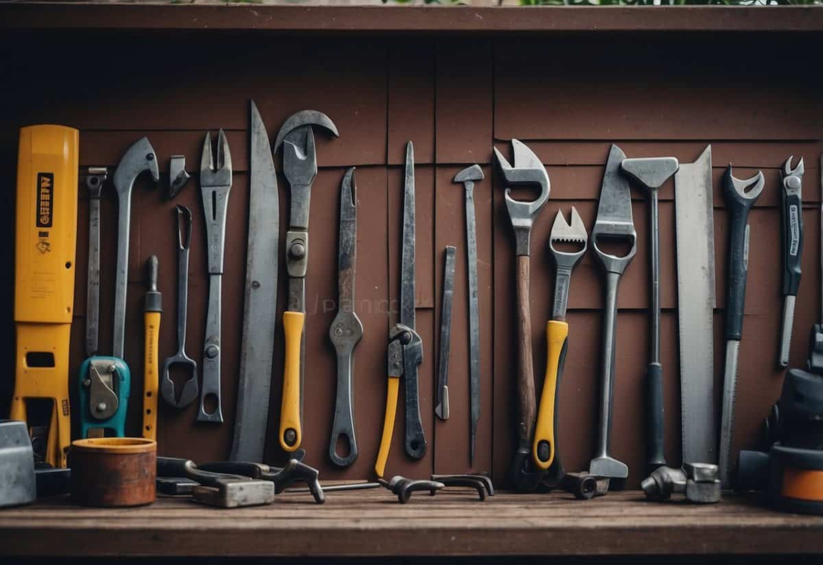 Metal tools neatly arranged on a garden shed wall using magnetic strips