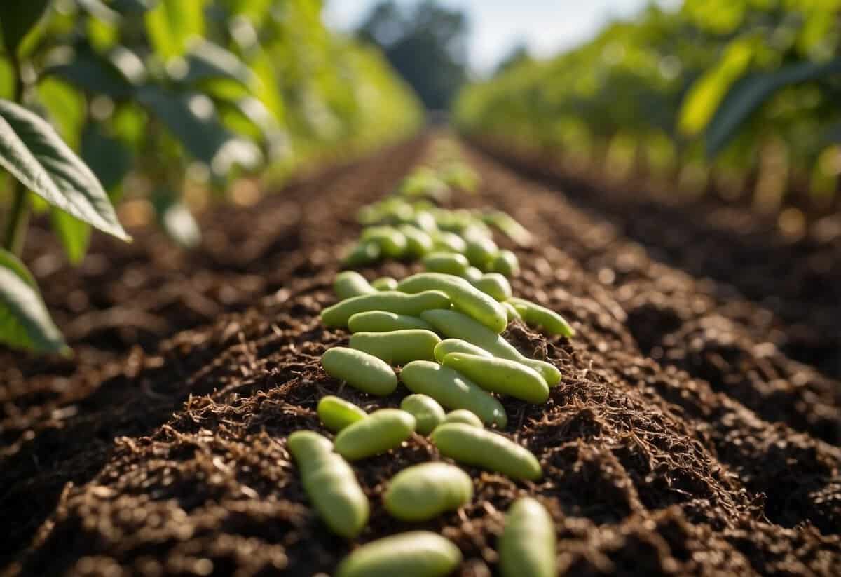 Organic mulch surrounds rows of giant garden beans. Harvesters use tips to carefully pick the ripe beans