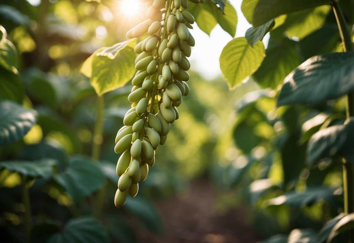 Lush green garden with towering bean plants, ripe pods ready for harvesting. Sunlight streaming through leaves, casting shadows on the rich soil