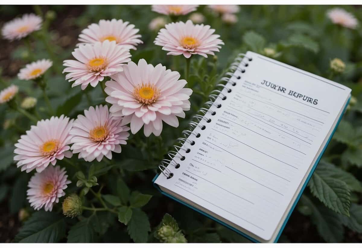 Blooming flowers fill the garden, with a journal and pen nearby. Calendar dates mark important tips for nurturing the plants