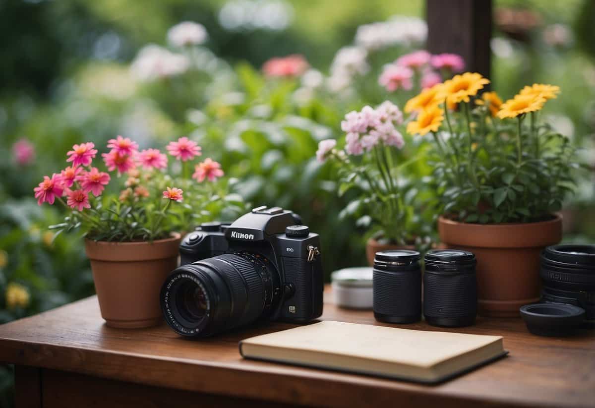 A lush garden with a variety of colorful flowers and plants, a small table with a journal and camera set up for taking monthly photos