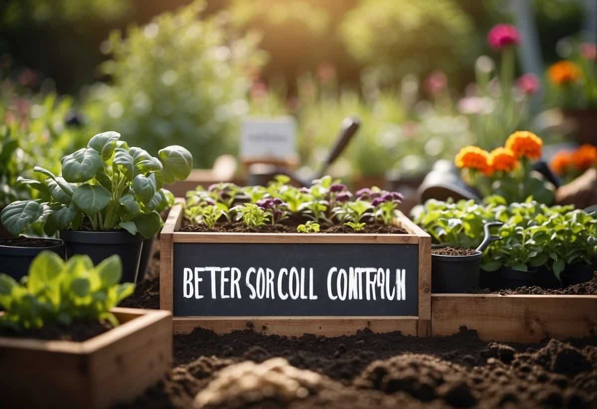 A garden with raised beds, filled with rich soil and neatly organized plants, surrounded by gardening tools and a sign reading "Better Soil Control Tips for Kitchen Garden."