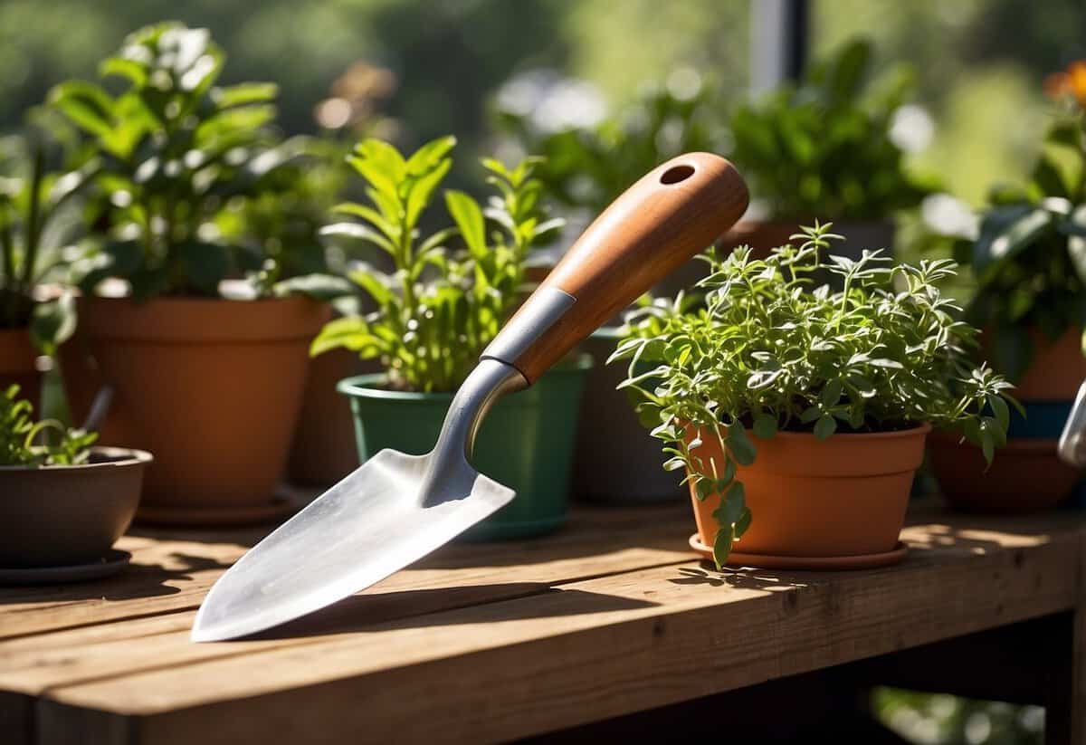 A trowel, gloves, and watering can rest on a wooden table, surrounded by vibrant green plants and pots. The sun shines down, highlighting the quality of the garden tools