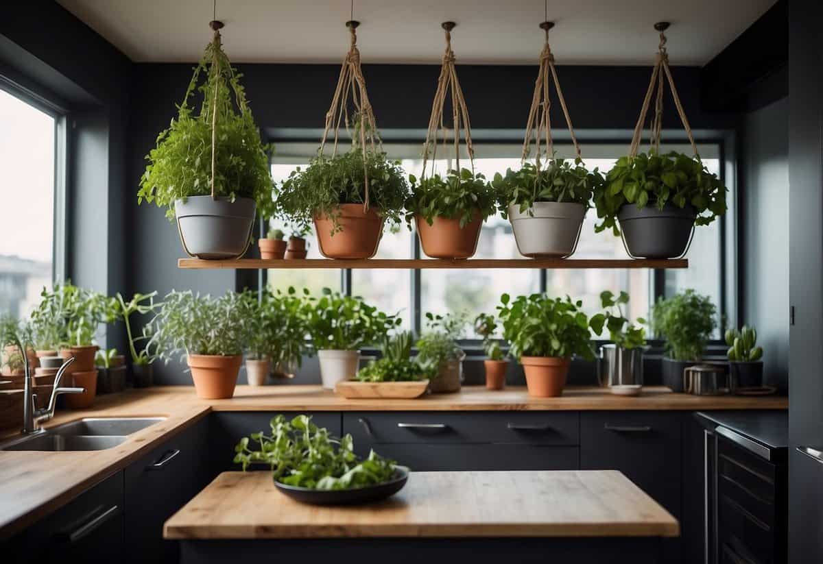 Hanging planters in a kitchen, filled with herbs and vegetables, utilize vertical space. A variety of plants cascade down from the ceiling, creating a lush and functional garden