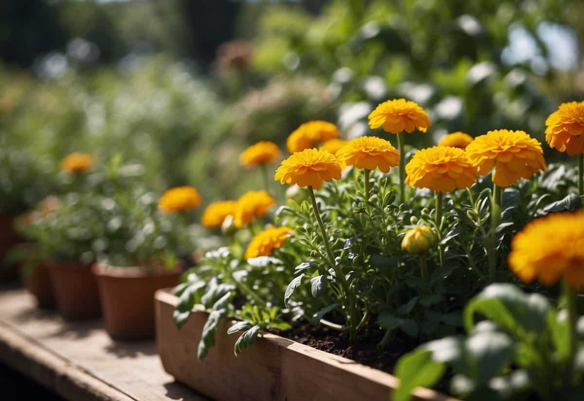 A lush kitchen garden with thriving plants, surrounded by natural pest control remedies like marigolds and garlic, showcasing a healthy and sustainable approach