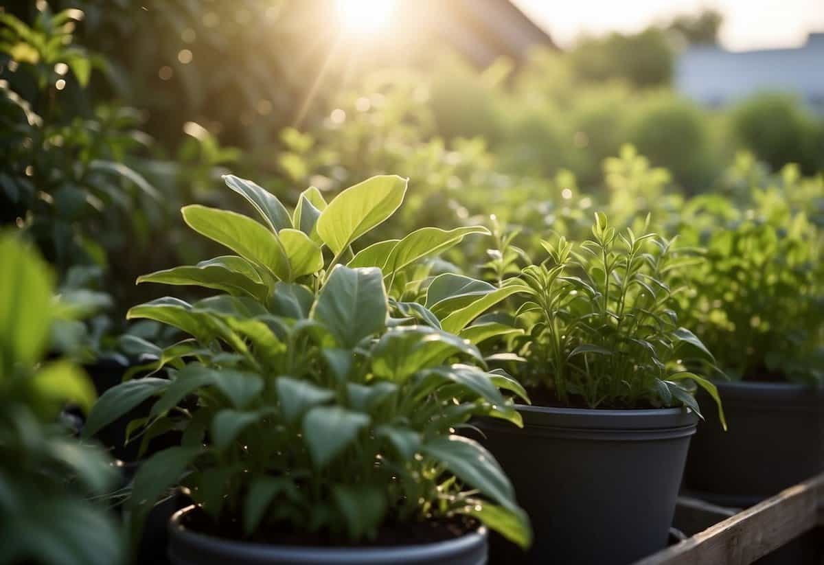 Lush green plants in a kitchen garden, watered efficiently in the early morning light