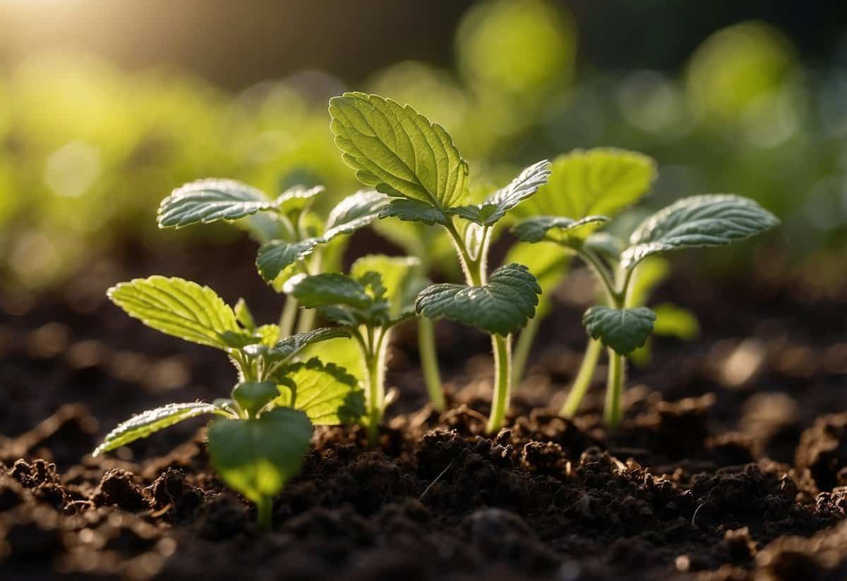 Lush lemon balm sprouts from rich, dark soil. Sunlight filters through the leaves, casting dappled shadows on the earth