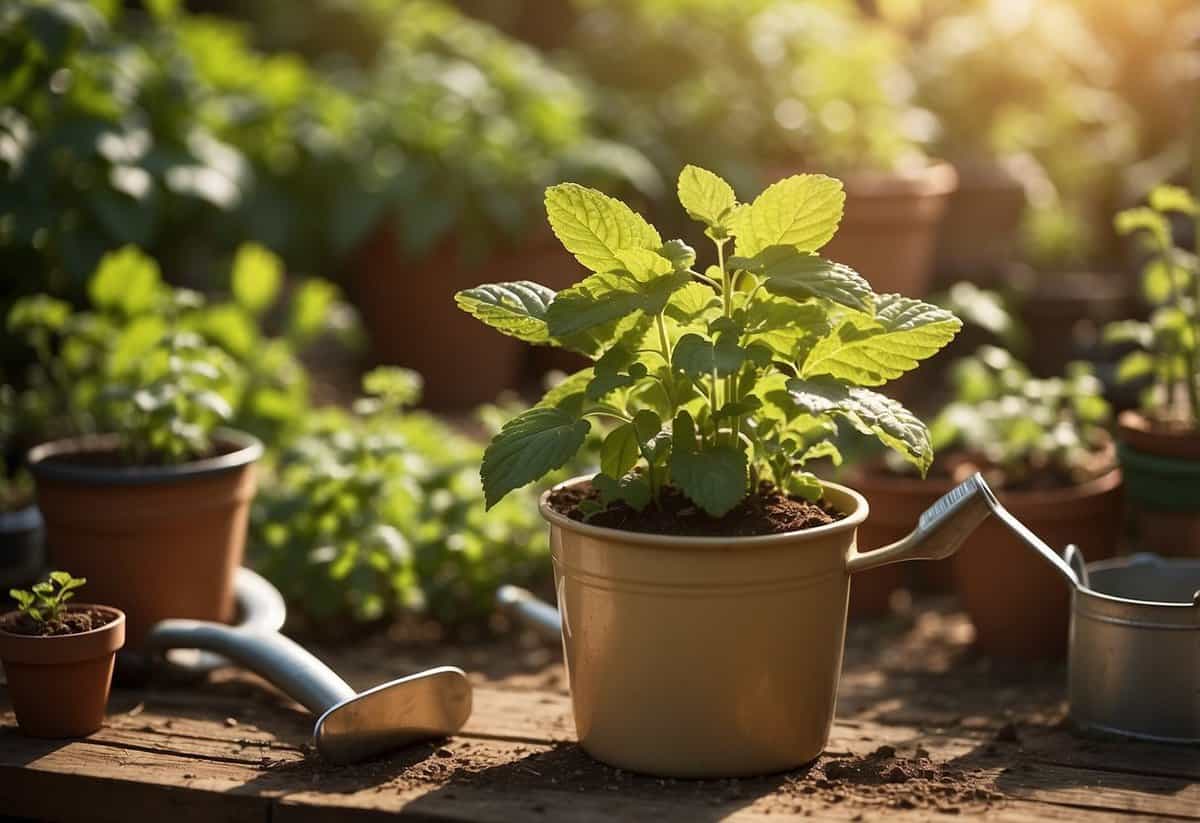 Lemon balm plant surrounded by garden tools, watering can, and potted soil. Sunshine and greenery in the background