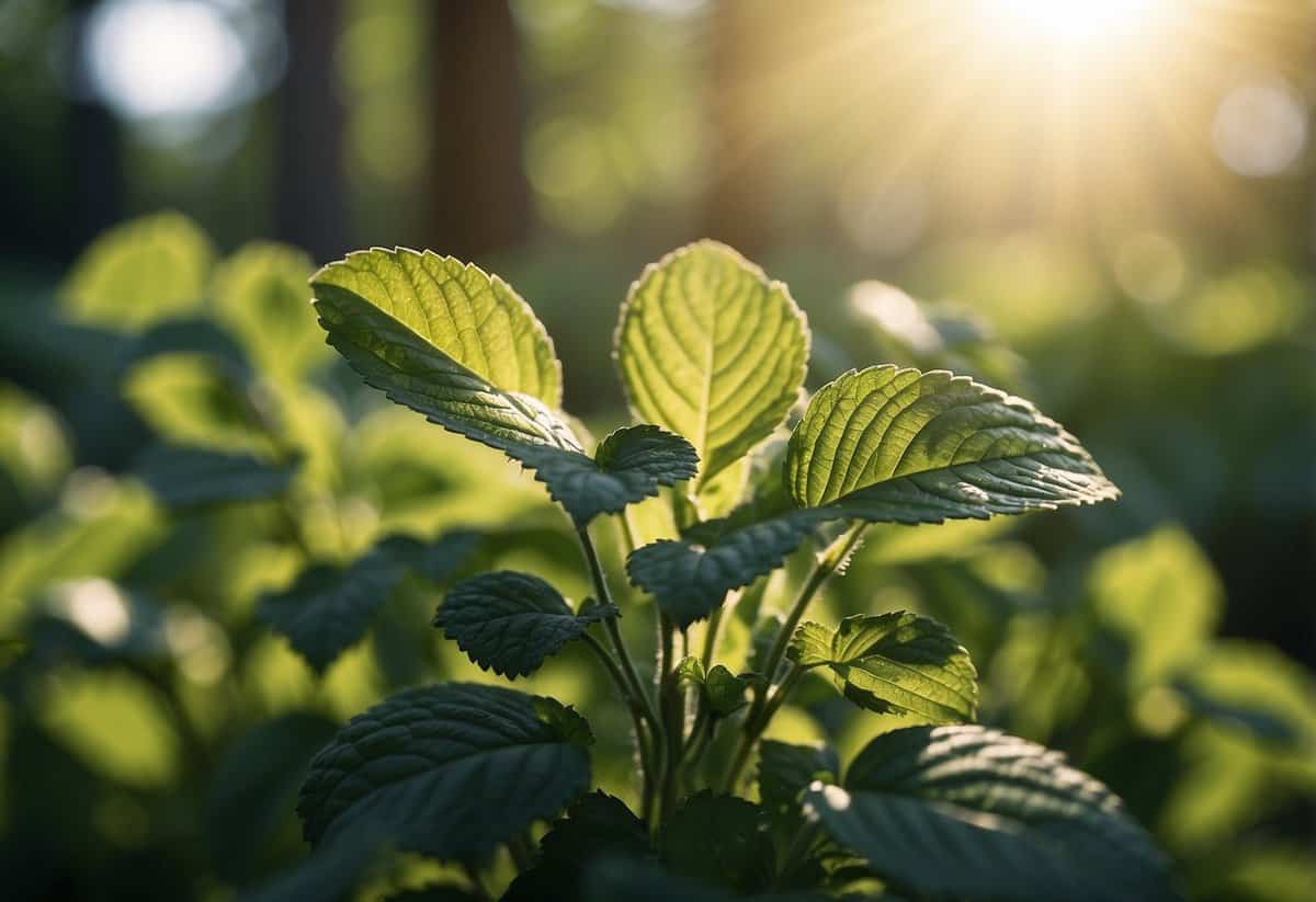 Fresh lemon balm leaves in a garden, with sunlight filtering through the green foliage