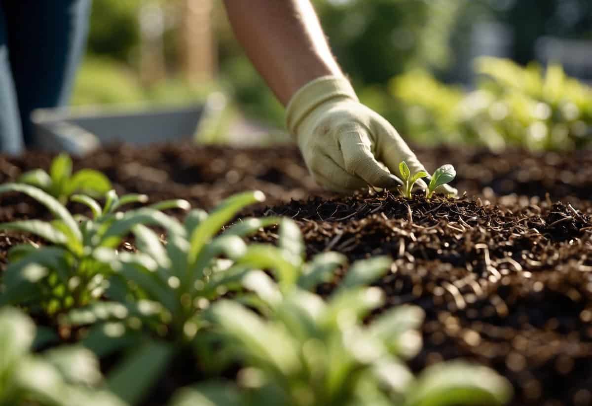 A gardener spreads organic mulch around plants in a garden bed