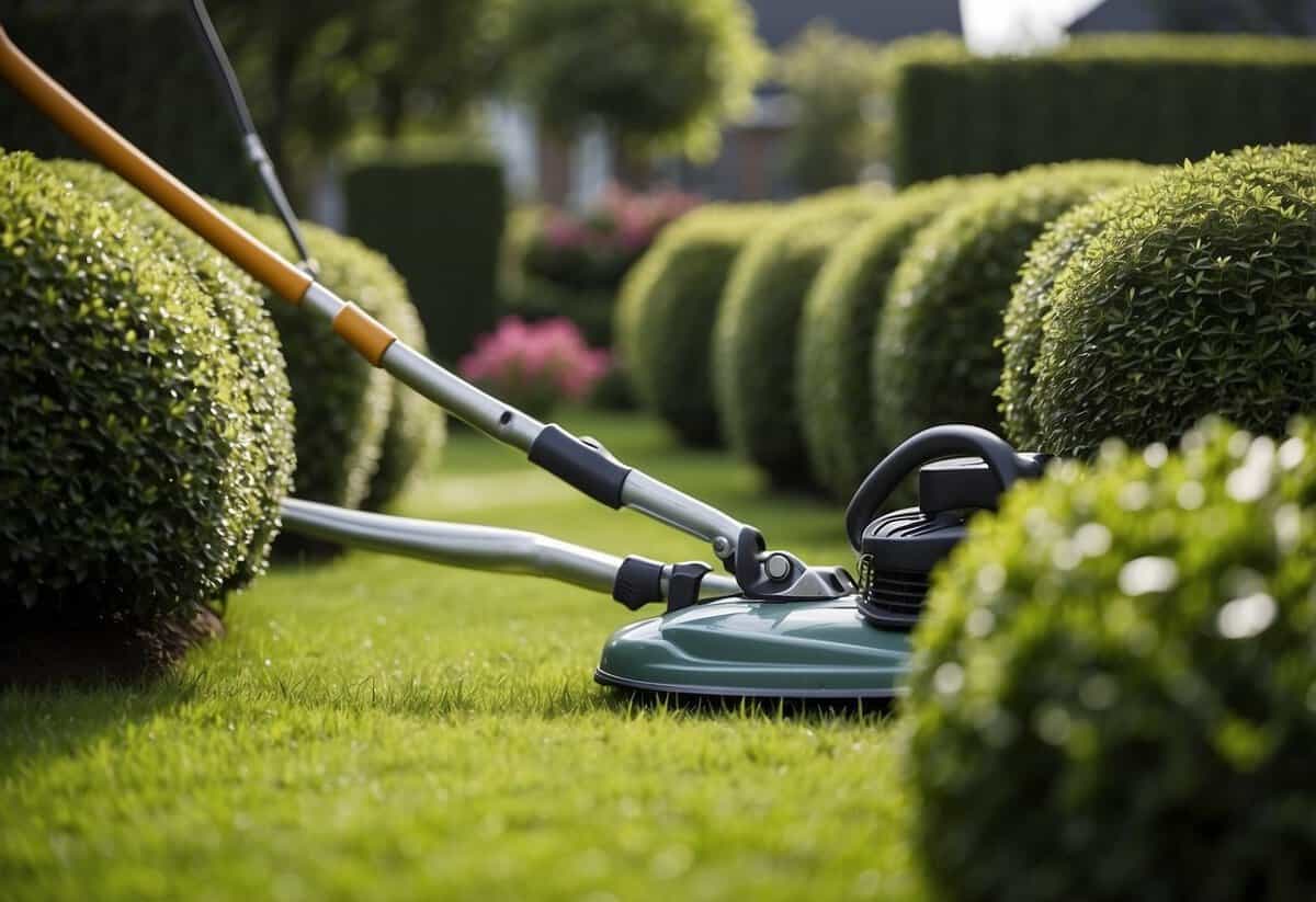 Lush garden with trimmed hedges, mowed lawn, and pruned plants. Tools like shears, lawnmower, and gloves are neatly arranged nearby