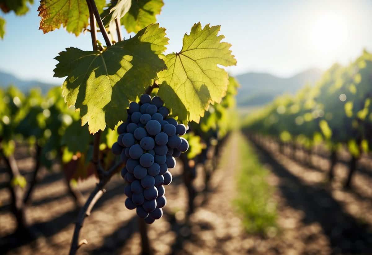 Vineyard with neatly pruned vines, healthy and vibrant. Lush green leaves and abundant clusters of grapes. Sunlight filtering through the foliage