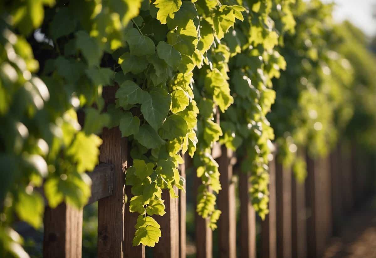 Vibrant green vines twist around wooden trellises, showcasing healthy leaves and abundant clusters of ripe fruit. Nearby, natural pest control methods like ladybugs and neem oil protect the flourishing garden