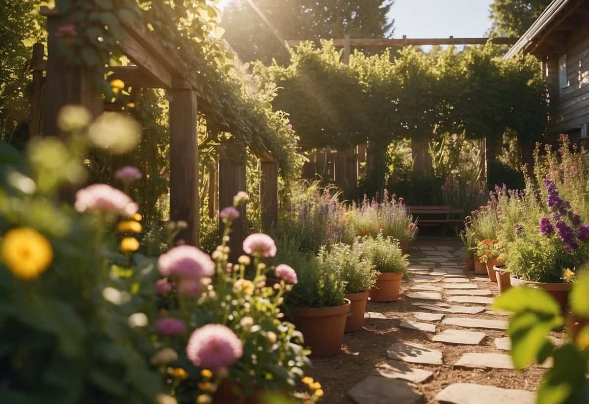 A sunny backyard with rich, well-drained soil and sturdy trellises. Vines climb gracefully, while colorful flowers attract pollinators