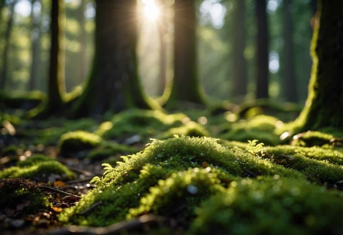 Lush green moss covers the forest floor, glistening with moisture. Sunlight filters through the trees, casting dappled shadows on the damp earth