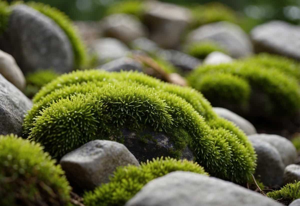 Lush green moss covers natural rock accents in a tranquil garden setting. Tips for creating a serene moss garden