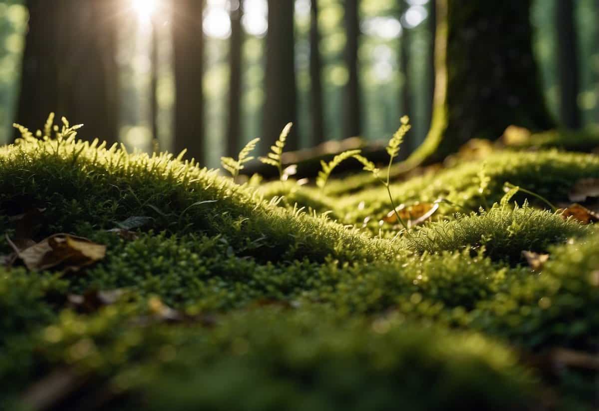 Lush green moss covers the forest floor, creating a soft carpet under the towering trees. Sunlight filters through the leaves, casting dappled shadows on the mossy ground