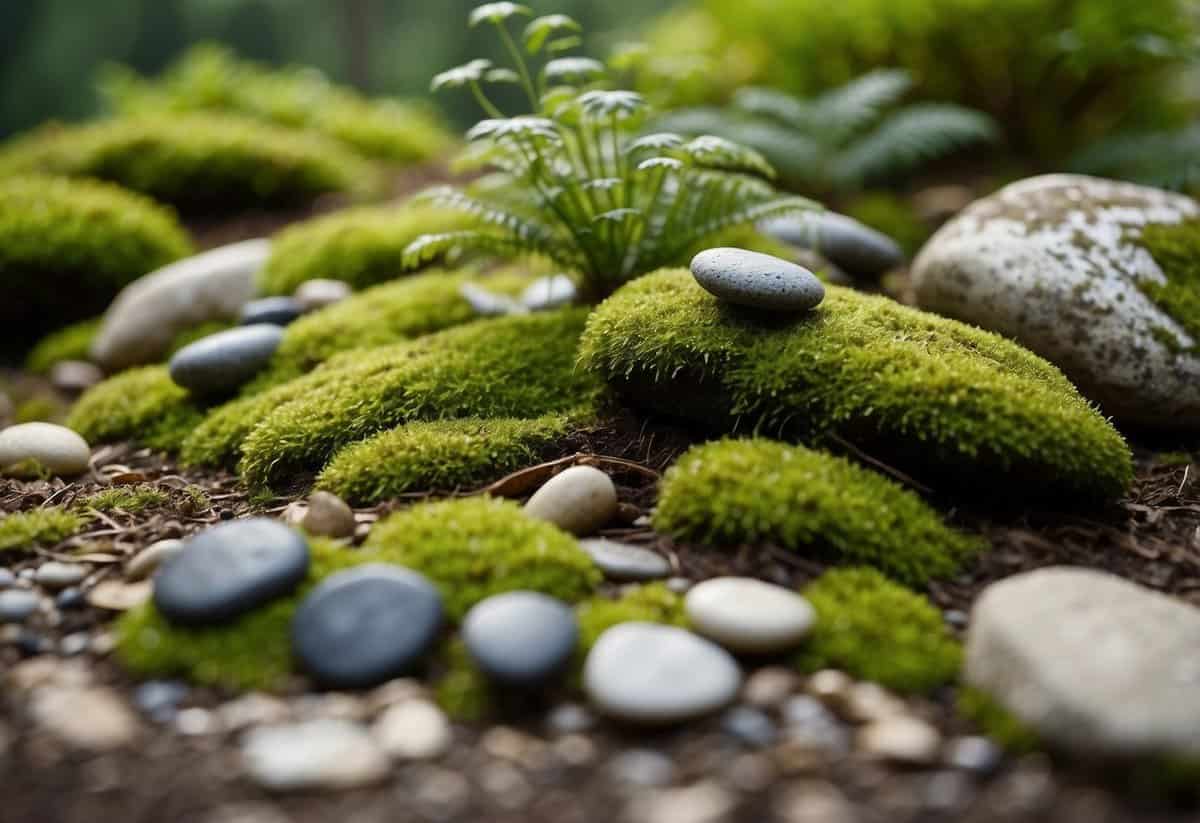 Laying out stones, arranging moss, adding ferns in a tranquil garden setting