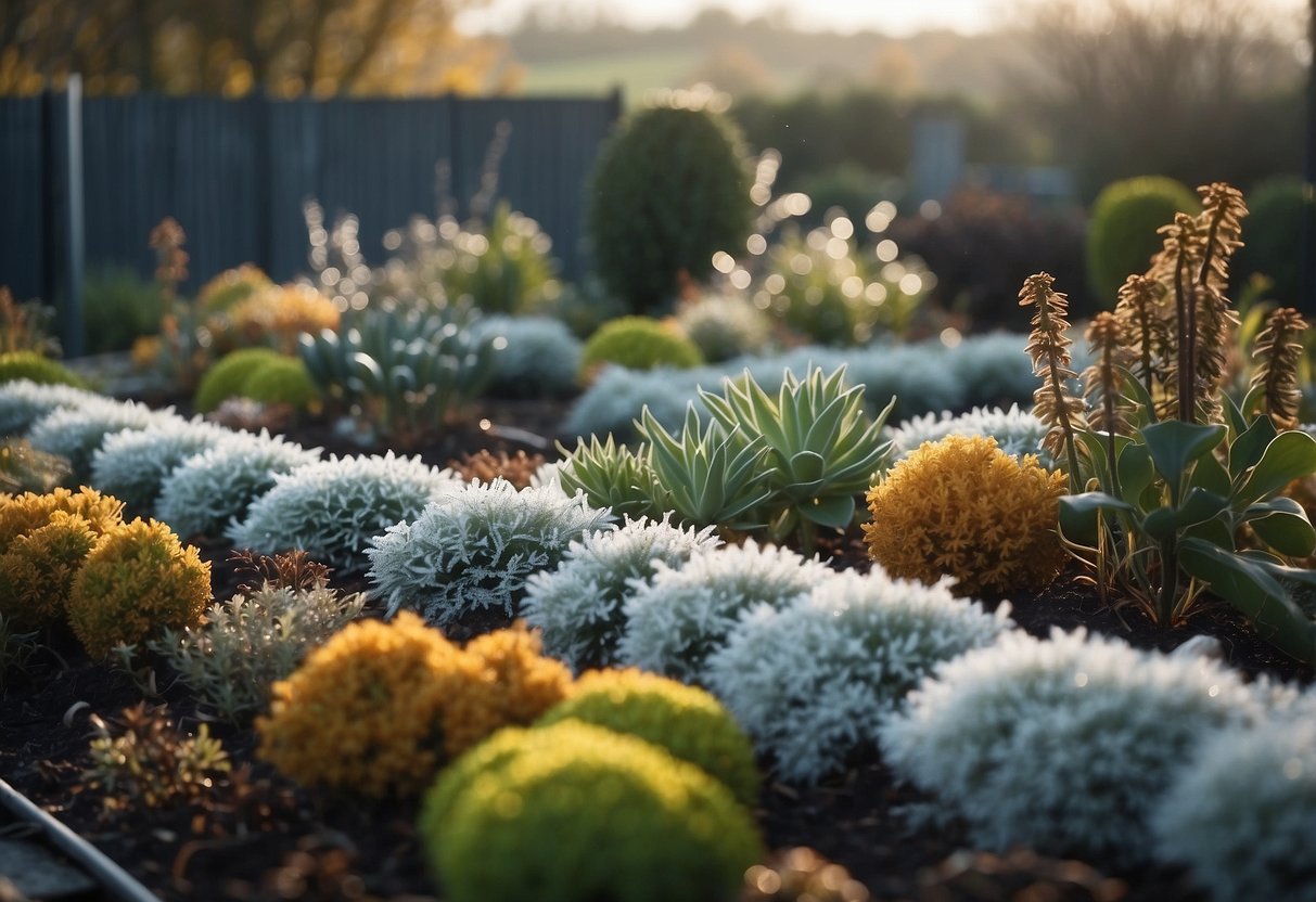 A garden covered in frost protection fleece, with tools and plants, set in a November UK landscape