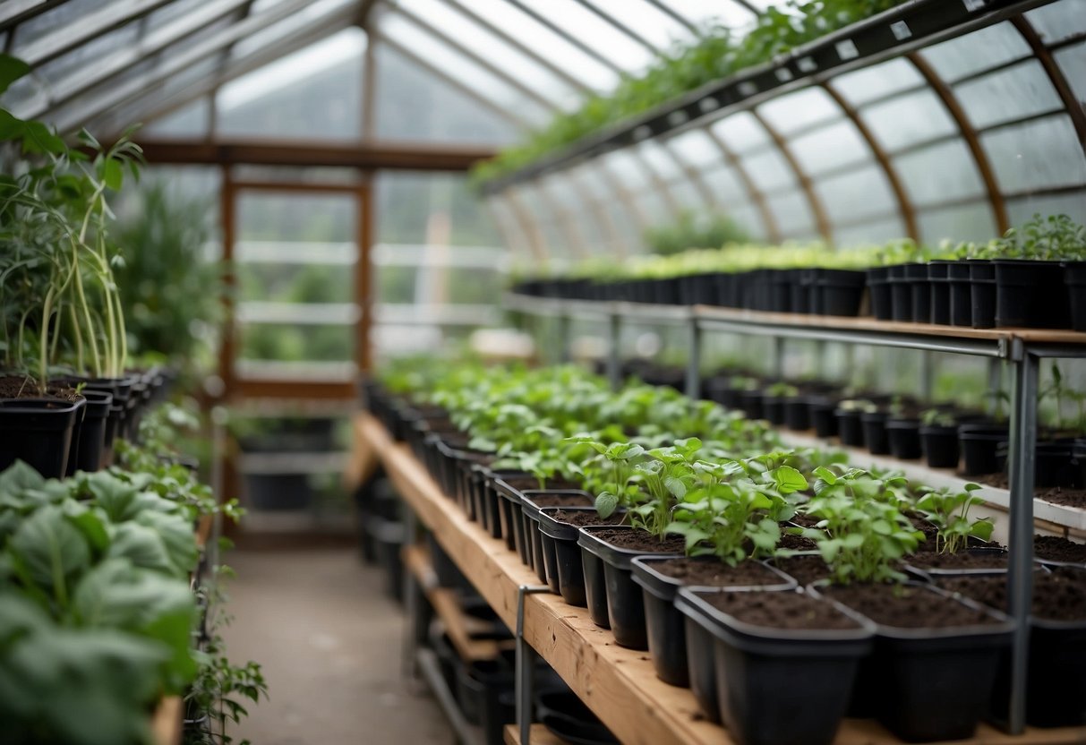 The greenhouse is spotless, with clear glass panels reflecting the vibrant greenery inside. Pots of winter vegetables and herbs line the shelves, ready for planting. A calendar on the wall marks November, reminding gardeners of the tasks ahead