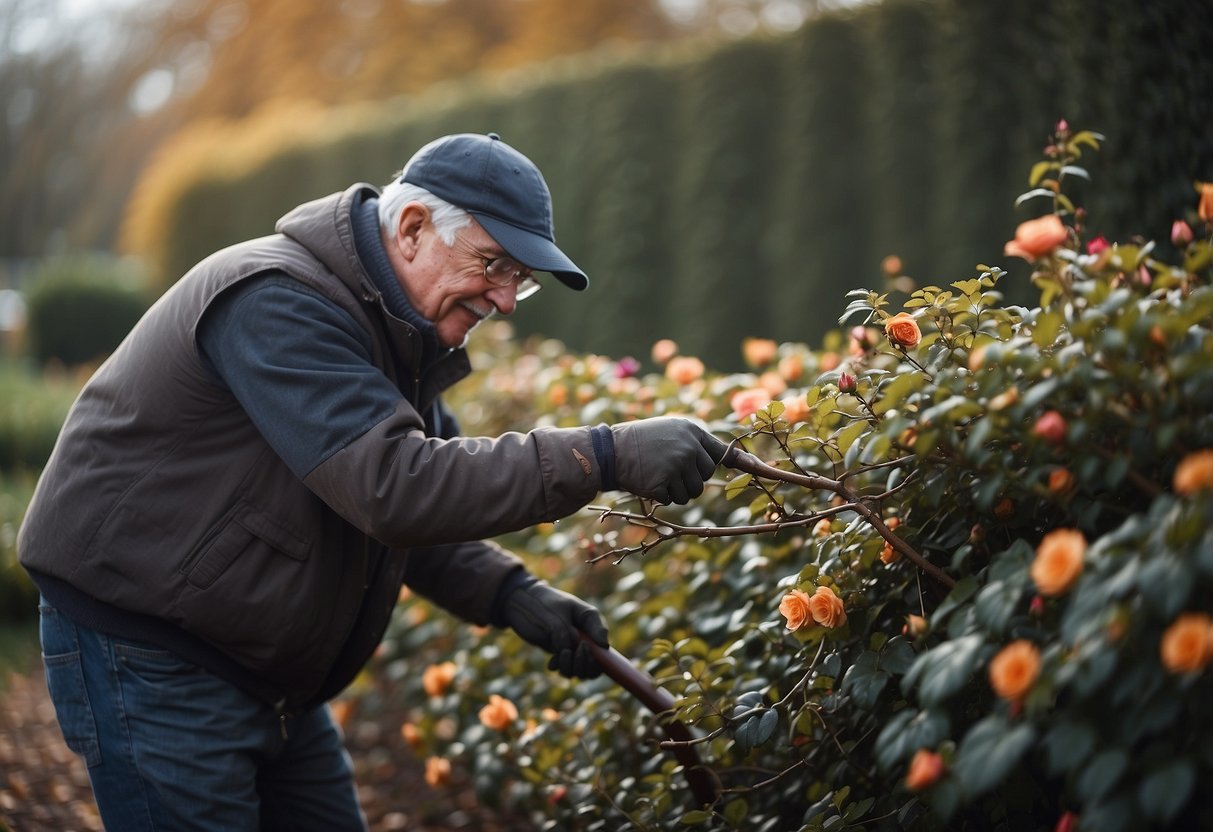 A gardener pruning climbing roses in a November UK garden