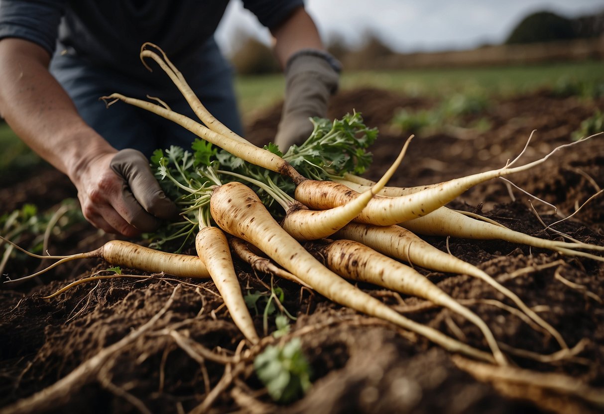 Parsnips being harvested from the ground in a garden, with the November UK landscape in the background