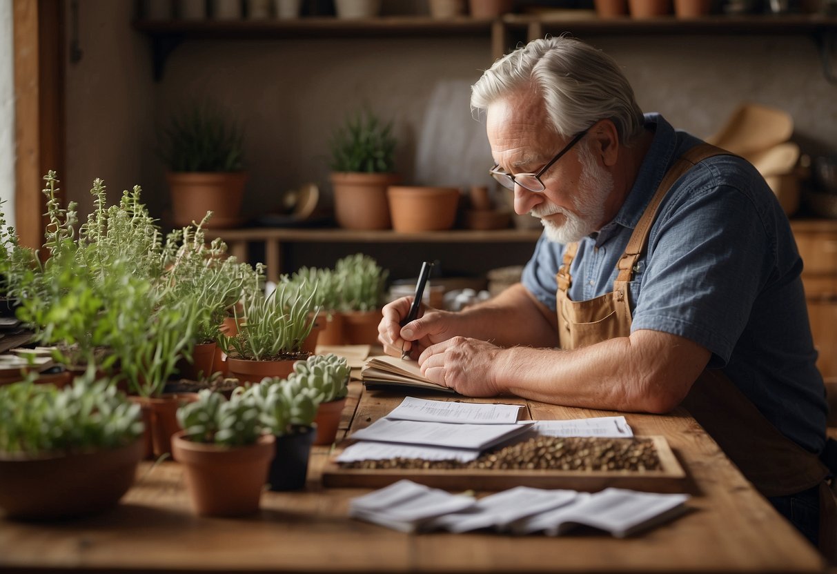 A gardener sits at a wooden table, surrounded by seed catalogs and notebooks. They are carefully planning their seed orders for the upcoming gardening season