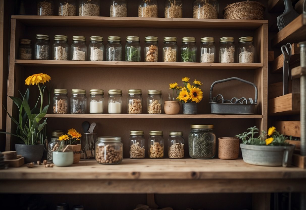 A garden shed with shelves of neatly organized bulbs, gardening tools, and a calendar displaying "November" in the background