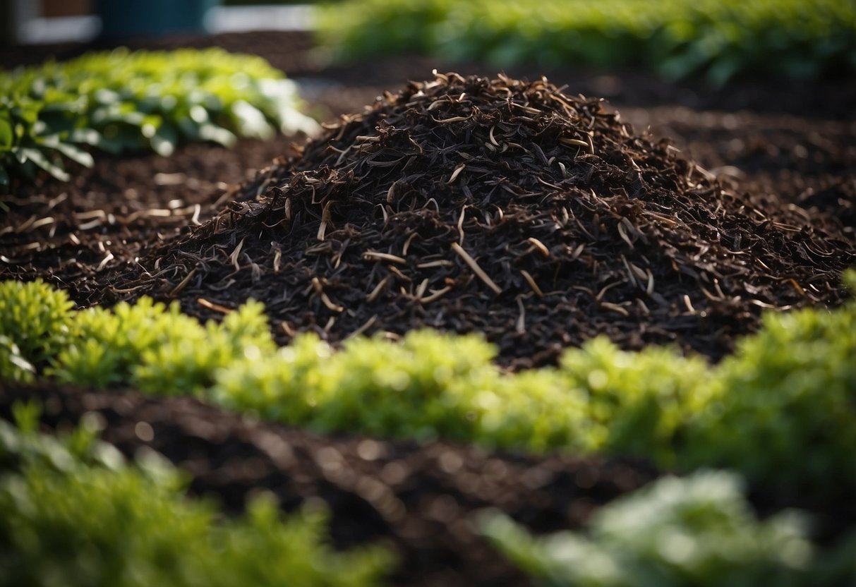 Fresh mulch is being spread across garden beds, creating a neat and tidy appearance. The rich, dark color of the mulch contrasts beautifully with the vibrant greenery of the plants