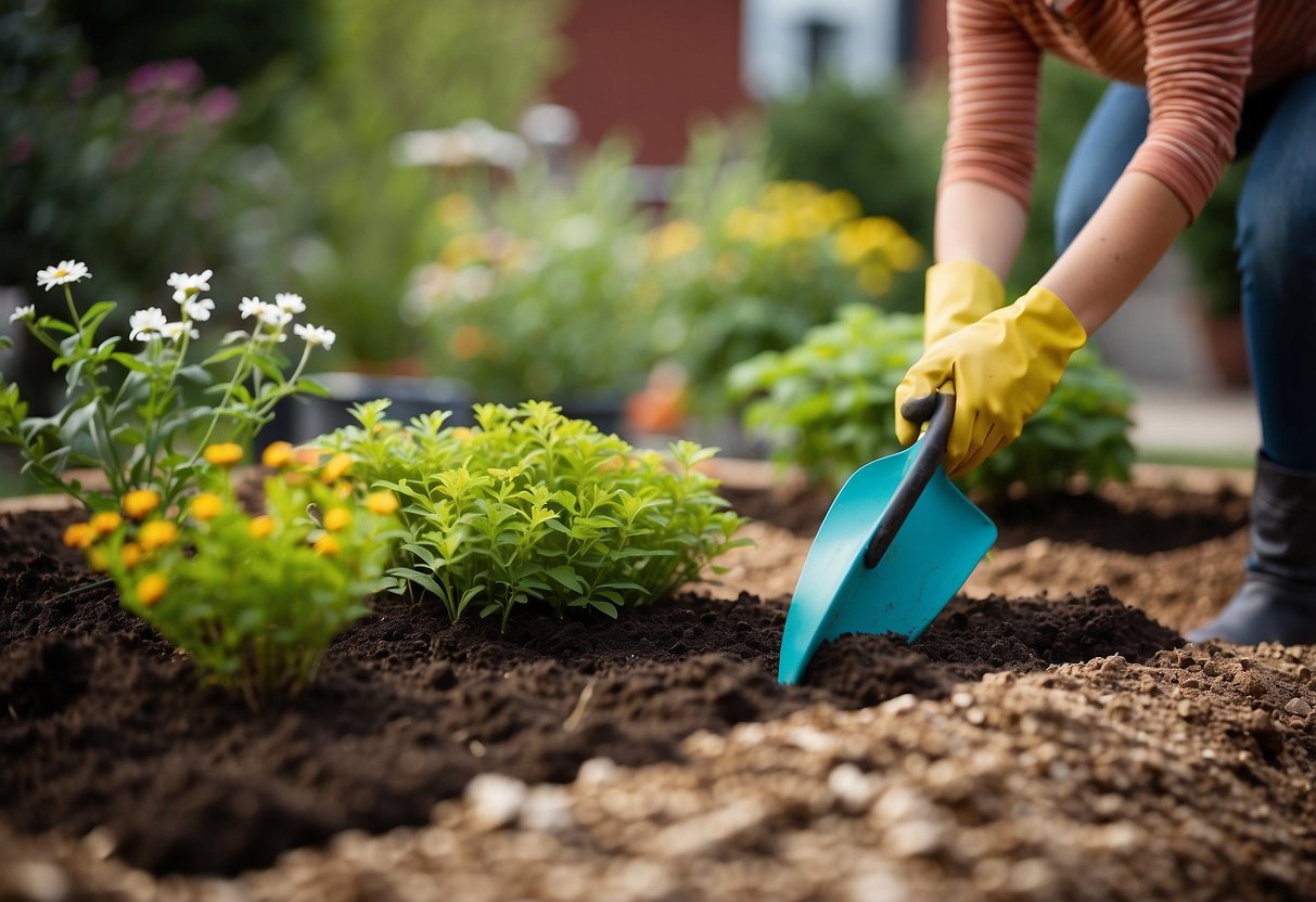 Lift and divide perennials in a garden bed with a shovel and gardening gloves. Separate the clumps into smaller sections for replanting