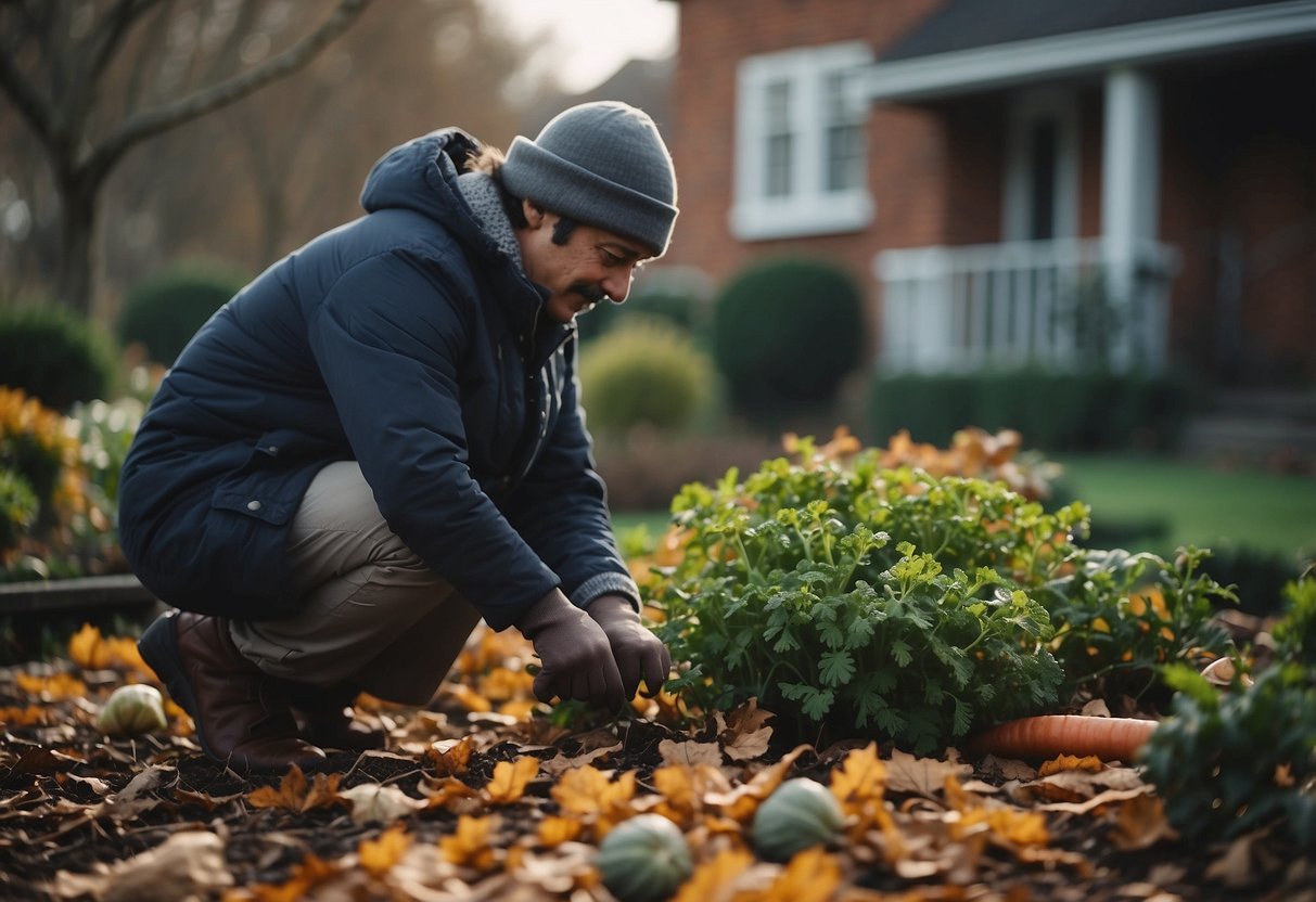 A gardener gathers fallen leaves, prunes shrubs, and plants winter vegetables in a tidy, well-maintained garden