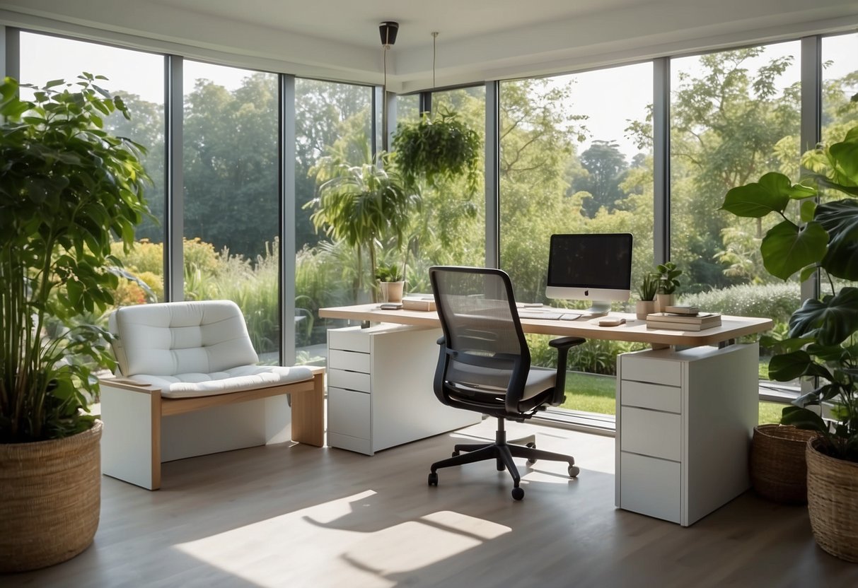 A bright, airy garden office with ergonomic furniture, featuring a spacious desk, comfortable chair, and adjustable lighting. A lush green garden can be seen through the large windows, creating a peaceful and productive work environment