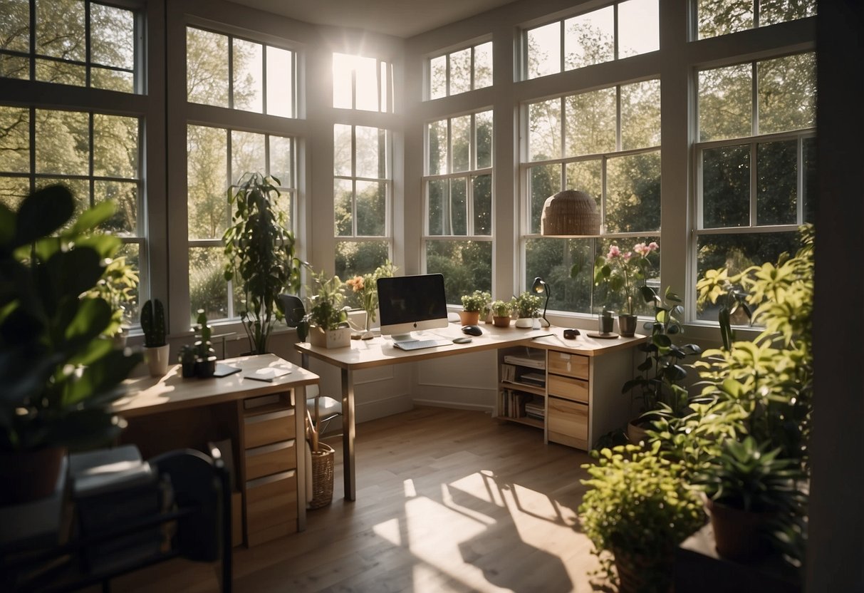 A well-lit garden office with natural sunlight pouring in through large windows, supplemented by strategically placed overhead and task lighting