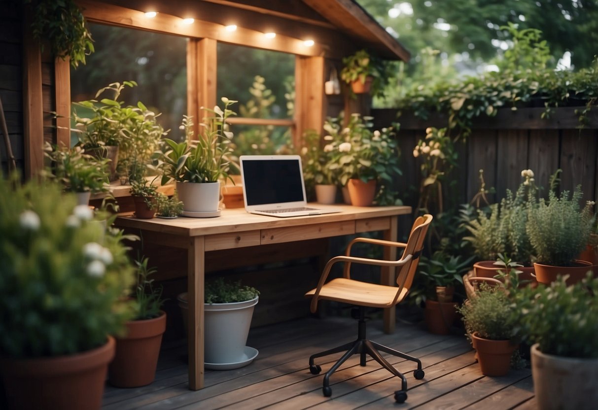 A cozy garden shed with a desk, chair, and soft lighting. Plants and natural decor create a peaceful atmosphere