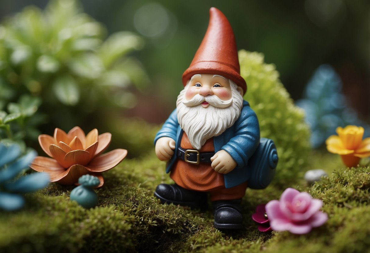 A garden gnome figurine tilts on a moss-covered stone, surrounded by colorful garden ornaments